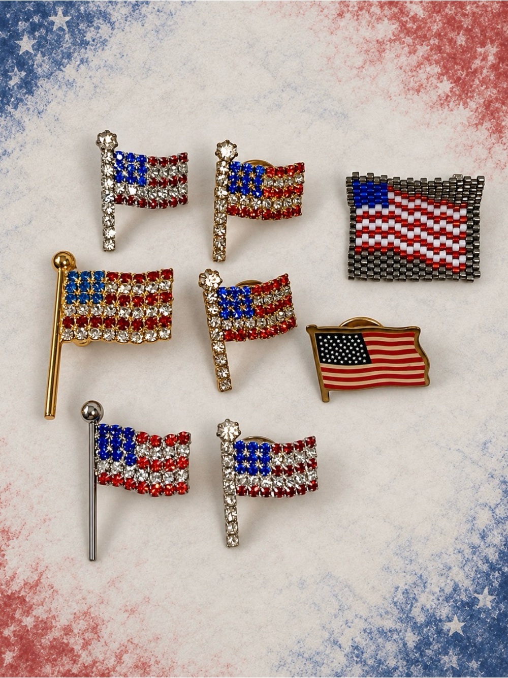 Lot of 8 American Flag Pins Rhinestones America Red White Blue